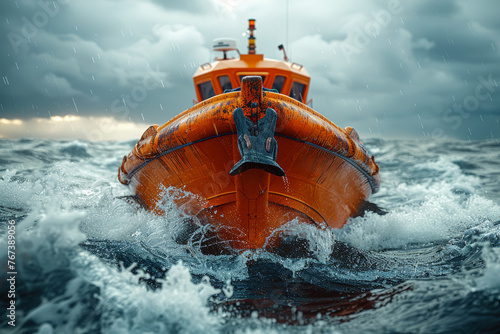 A lifeboat sailing towards a shipwreck to rescue survivors. Concept of maritime rescue. Generative Ai.