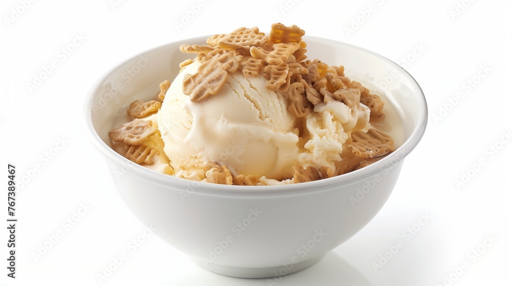 A white ceramic bowl with a single large scoop of vanilla ice cream with cereal pieces on a white background. Generated by artificial intelligence. A white ceramic bowl with a single large scoop of vanilla ice cream with cereal pieces on a white background. Generated by artificial intelligence.