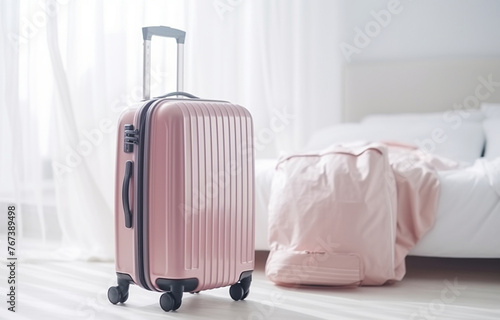 modern pink suitcase on white bed on white bedroom background