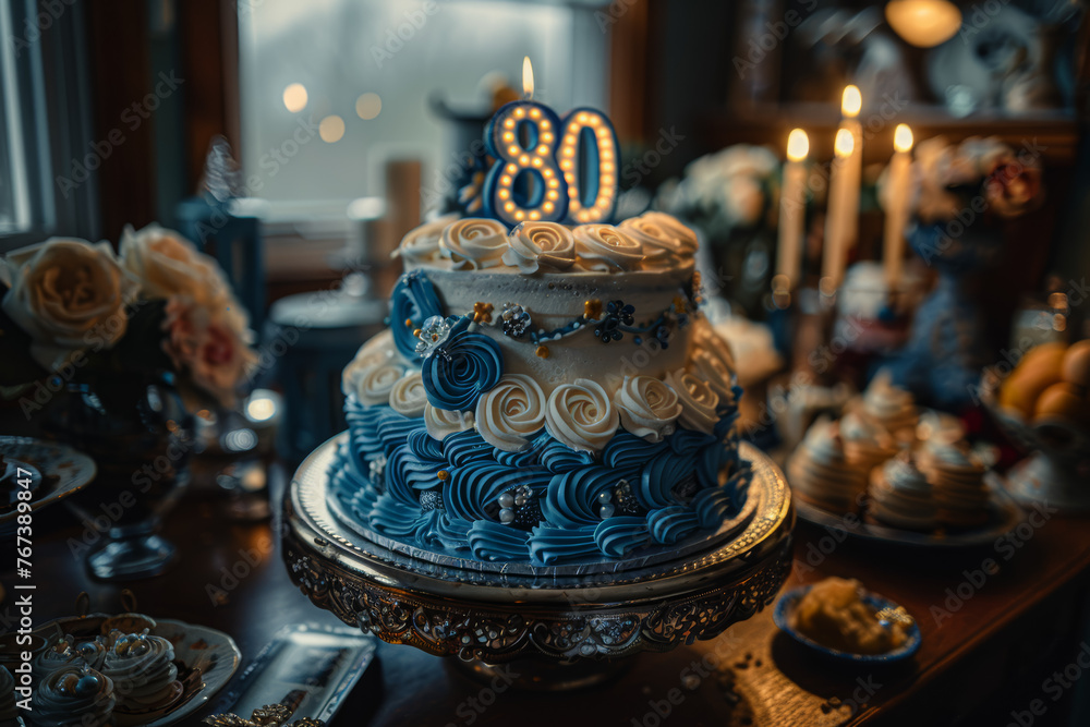 A family reunion with a cake adorned with the number 