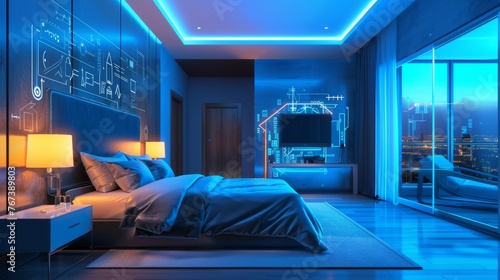 smart bedroom interior with digital assistance and virtual displays photo