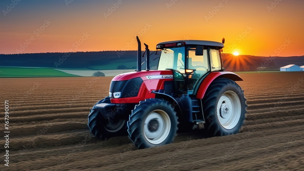 Fototapeta premium Modern tractor equipment plows an agricultural meadow on a farm in spring or autumn. A farmer cultivates the soil before planting plants, crops in the countryside.