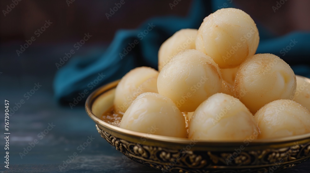 The rasgullas kept in a shallow bowl, dipped in sugar syrup. Luxuious indian background. Plain deep navy blue background. Generated by artificial intelligence. The rasgullas kept in a shallow bowl, dipped in sugar syrup. Luxuious indian background. Plain deep navy blue background. Generated by artificial intelligence.