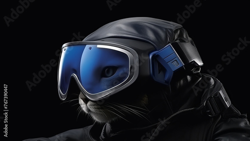 Adorable cat wearing a motorcycle helmet and goggles isolated on black background
