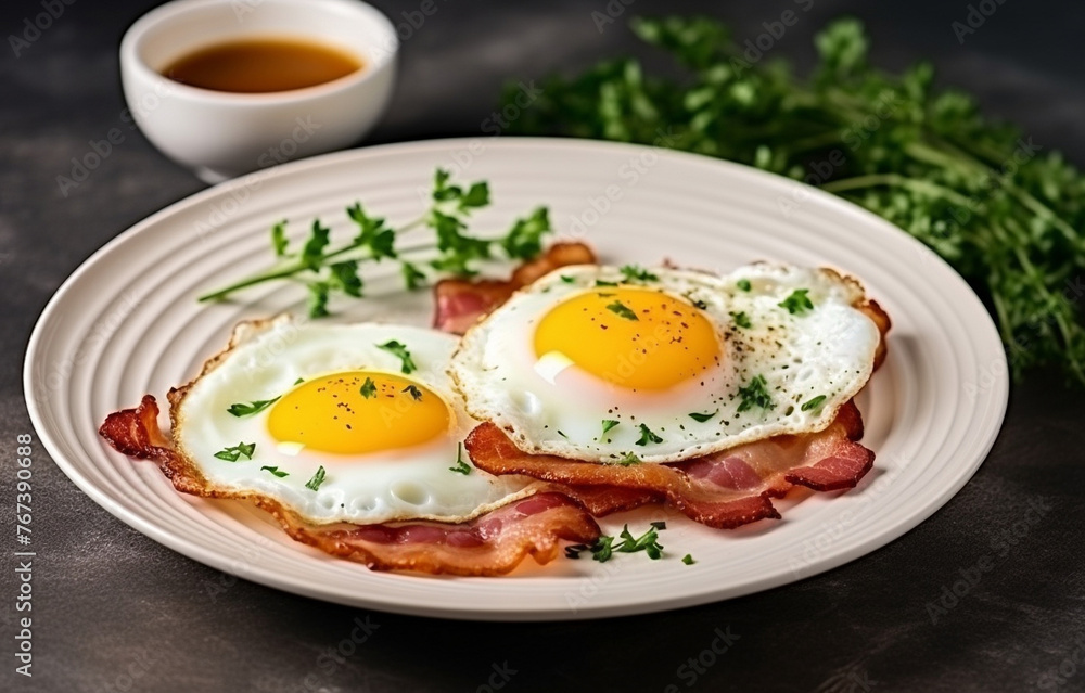 fried eggs with bacon on white plate, decorated with parsley her fried eggs with bacon on white plate, decorated with parsley her