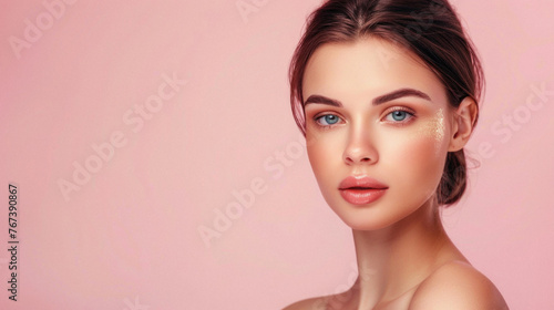 A woman with a pink background and a blue eye