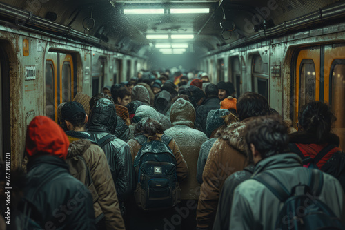 Commuters cramming into the subway car during rush hour, the carriage filled to capacity with standing passengers. Concept of crowdedness and congestion. Generative Ai. © Sebastian
