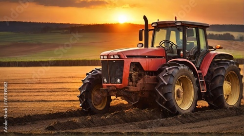 Modern tractor equipment plows an agricultural meadow on a farm in spring or autumn. A farmer cultivates the soil before planting plants, crops in the countryside. photo