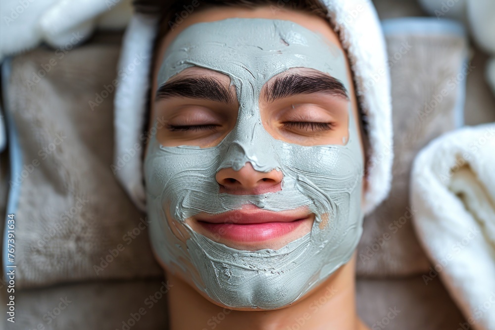 A serene man peacefully applying a cosmetic clay mask to his face, enjoying a moment of relaxation and self-care A serene man peacefully applying a cosmetic clay mask to his face, enjoying a moment of relaxation and self-care