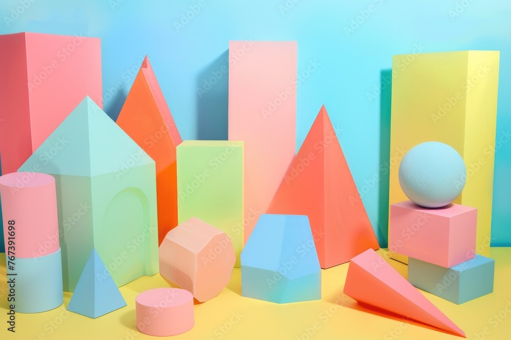 A vibrant array of various shapes and sizes of paper, creating a visually captivating abstract composition. Circles, triangles, squares, and more blend harmoniously in a dynamic display A vibrant array of various shapes and sizes of paper, creating a visually captivating abstract composition. Circles, triangles, squares, and more blend harmoniously in a dynamic display