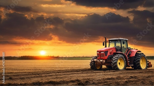 Modern tractor equipment plows an agricultural meadow on a farm in spring or autumn. A farmer cultivates the soil before planting plants, crops in the countryside.