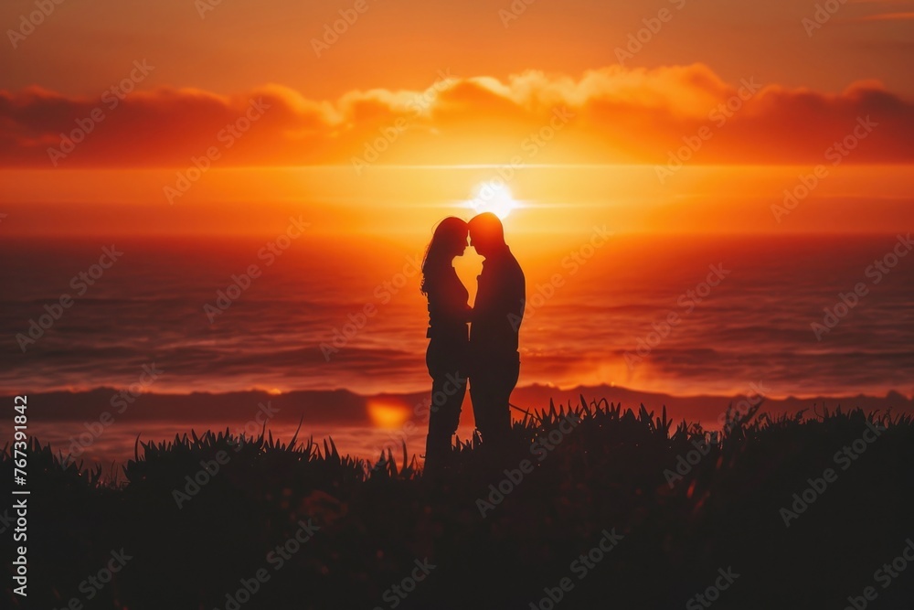 A couple romantically kissing in front of a mesmerizing sunset on the coast, with waves gently crashing in the background