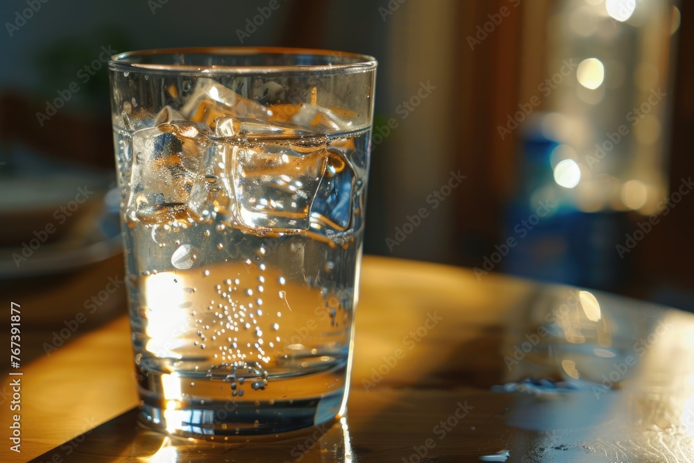 A clear glass filled with water sits peacefully on top of a rustic wooden table, creating a simple yet serene scene A clear glass filled with water sits peacefully on top of a rustic wooden table, creating a simple yet serene scene