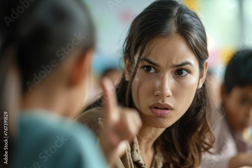 A woman is talking to a child and pointing at something