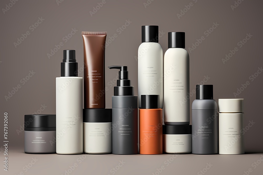 A collection of contemporary skincare bottles, arranged neatly with blank labels for seamless customization and branding.
