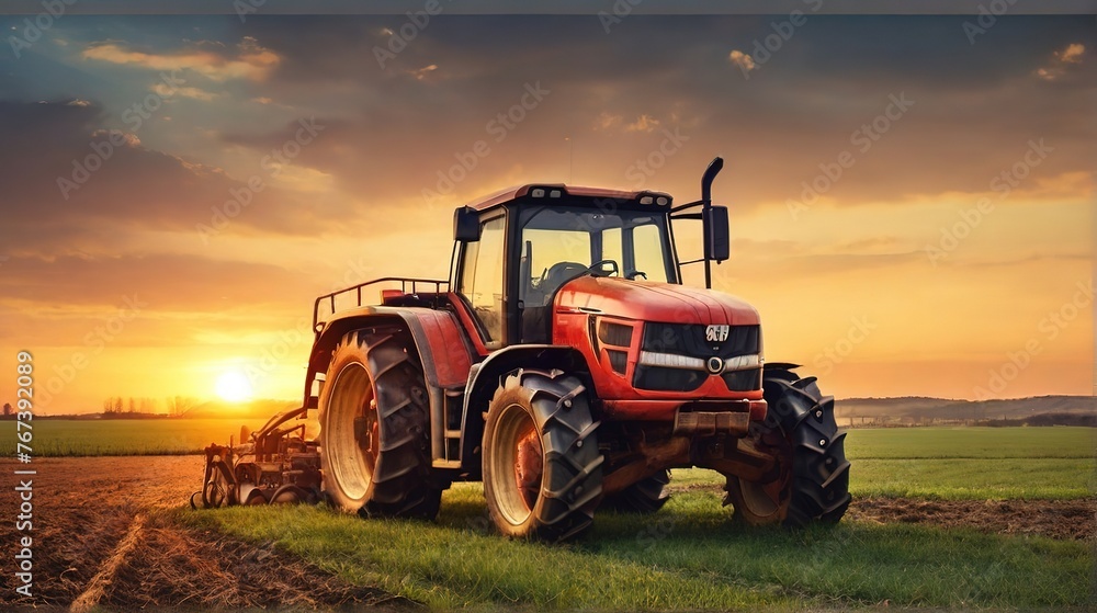 Fototapeta premium Modern tractor equipment plows an agricultural meadow on a farm in spring or autumn. A farmer harvests his crops in the fall.