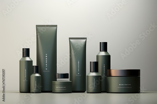 An arrangement of sleek and modern skincare product bottles  showcasing clean blank labels for unique branding opportunities.  Replace green color . 8k 