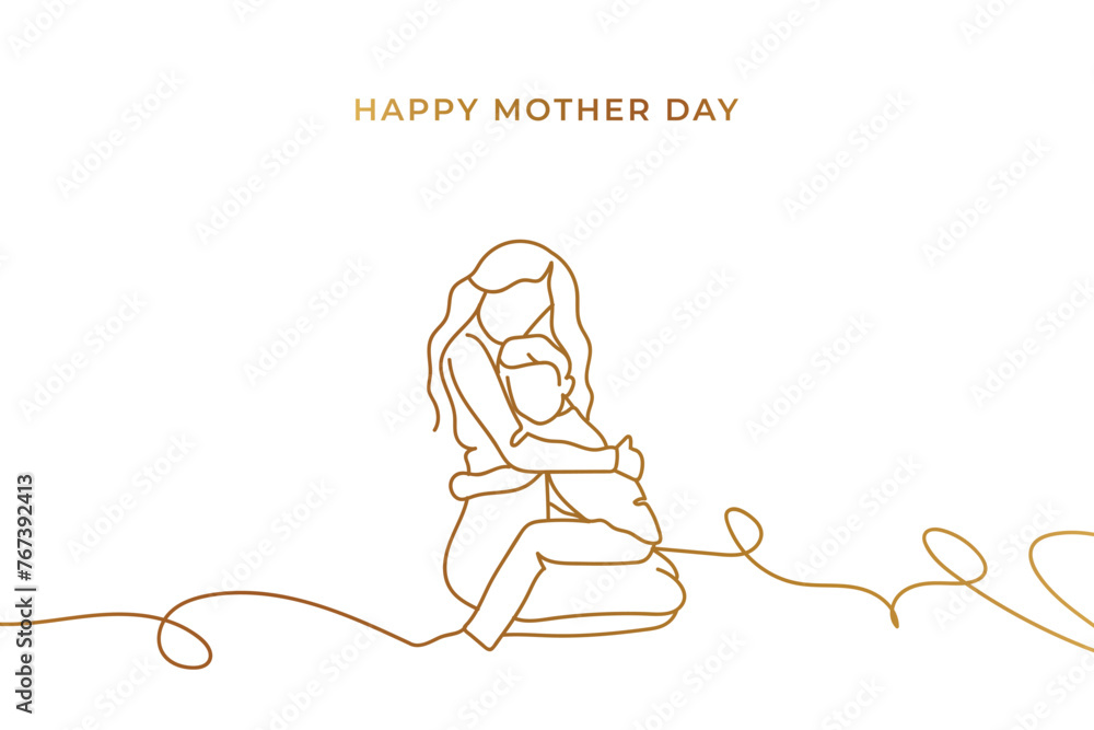 Golden continue line of mother hug her child. Happy mother day. Golden continue line of mother hug her child. Happy mother day.