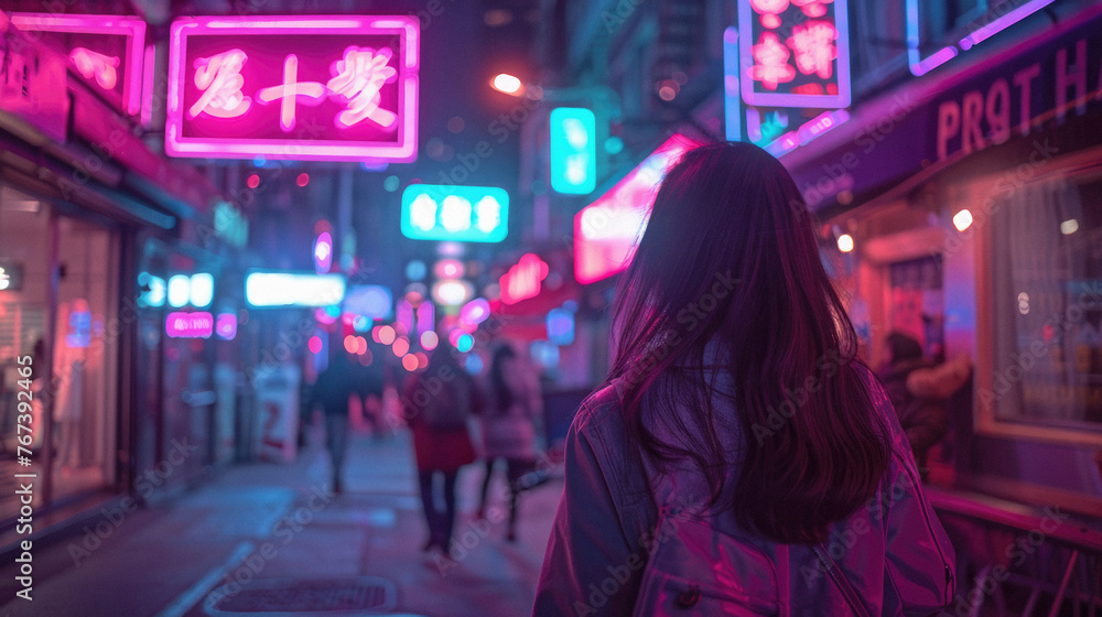 A woman walks down a neon lit street with neon signs in the background - obrazy, fototapety, plakaty 