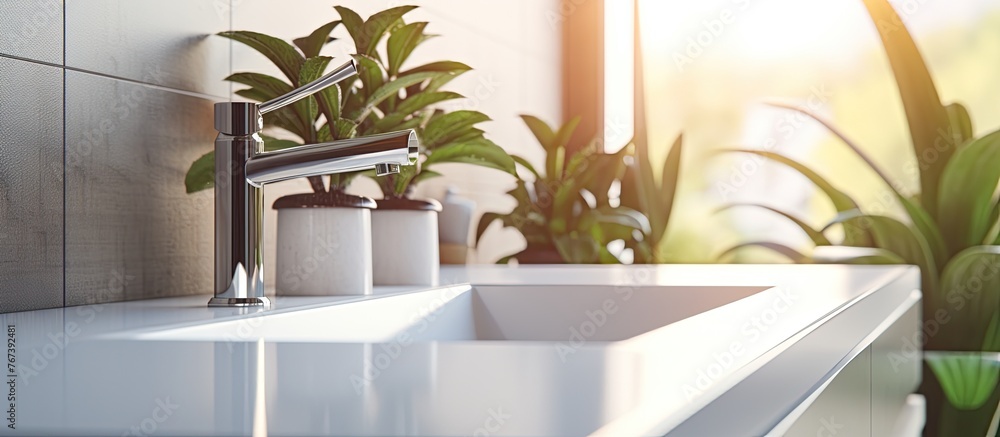 Fototapeta premium There is a sink with a plant in the corner of it