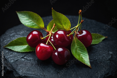 Cherry ai generated. Sour cherry with leaves on black background. Red cherries with green leaves. Generative AI.