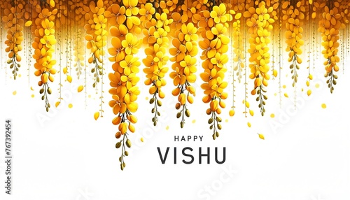 Happy vishu card illustration with golden shower flowers.
