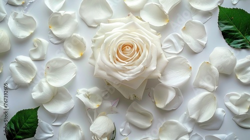 White Rose and Petals on White Background - Ideal for Greeting Cards for Wedding, Birthday, Valentine's Day, Mother's Day - Beautiful