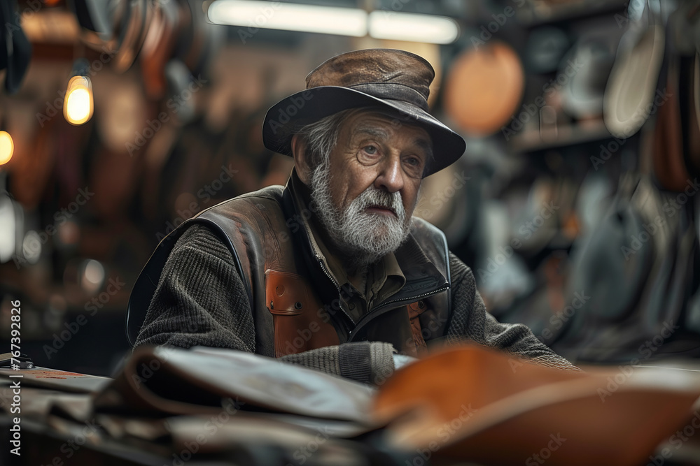 Time-Honored Craftsman in His Workshop Amidst Leather and Tools Banner