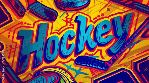 A person looks at an image with a single colored background and the word "Hockey" written on it.