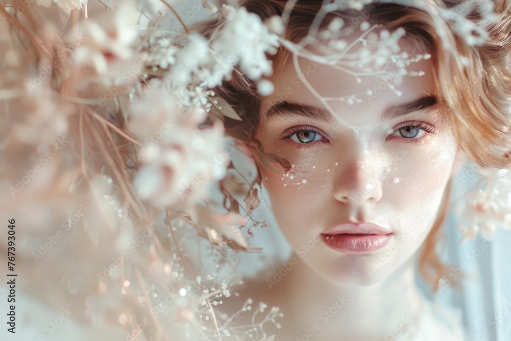 A woman with captivating blue eyes adorned with delicate white flowers in her hair, exuding ethereal beauty and grace A woman with captivating blue eyes adorned with delicate white flowers in her hair, exuding ethereal beauty and grace