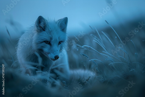 Mysterious Midnight Blue Fox Gazing Through Dewy Meadow Banner © Алинка Пад