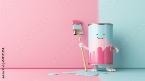 A stylized paint can character with a smiling face, holding a paintbrush dripping with pink paint against a two-toned pink and blue background. There are spills of paint on the floor, indicating the p