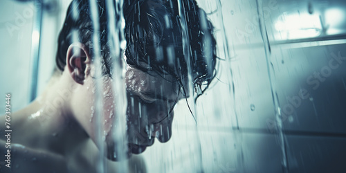 Um homem tomando banho, envolto em seus próprios sentimentos. Imagem sobre depressão, ansiedade e problemas psicológicos. Representação: solidão, introspecção, luta interior, busca por alívio photo