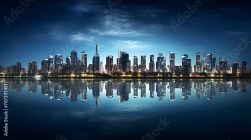 New York City skyline panorama at night with reflection in water.