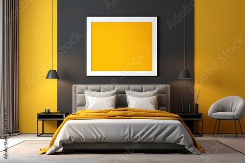 A stylish and elegant bedroom with a dark bed, highlighting an empty mockup frame on a vibrant yellow wall. 8k,