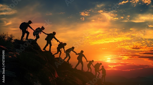 Silhouette of a group of people climbing a mountain at sunset. Concept of teamwork