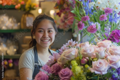 A joyful florist stands gracefully in front of an array of vibrant flowers, carefully crafting stunning bouquets with love and passion