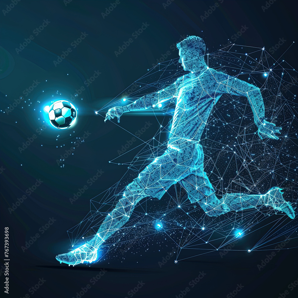 Soccer player kicks the ball. Design of clothes, albums, notebooks. Sports banners