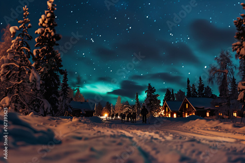 Enchanted Winter Night Sky Above Snowy Cabin Retreat Banner