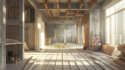 Interior of an empty room with wooden walls and floor. Repair and construction concept