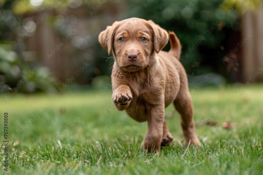 A lively ginger Labrador puppy with a wagging tail joyfully running across a dense, lush green field under the suns warm glow