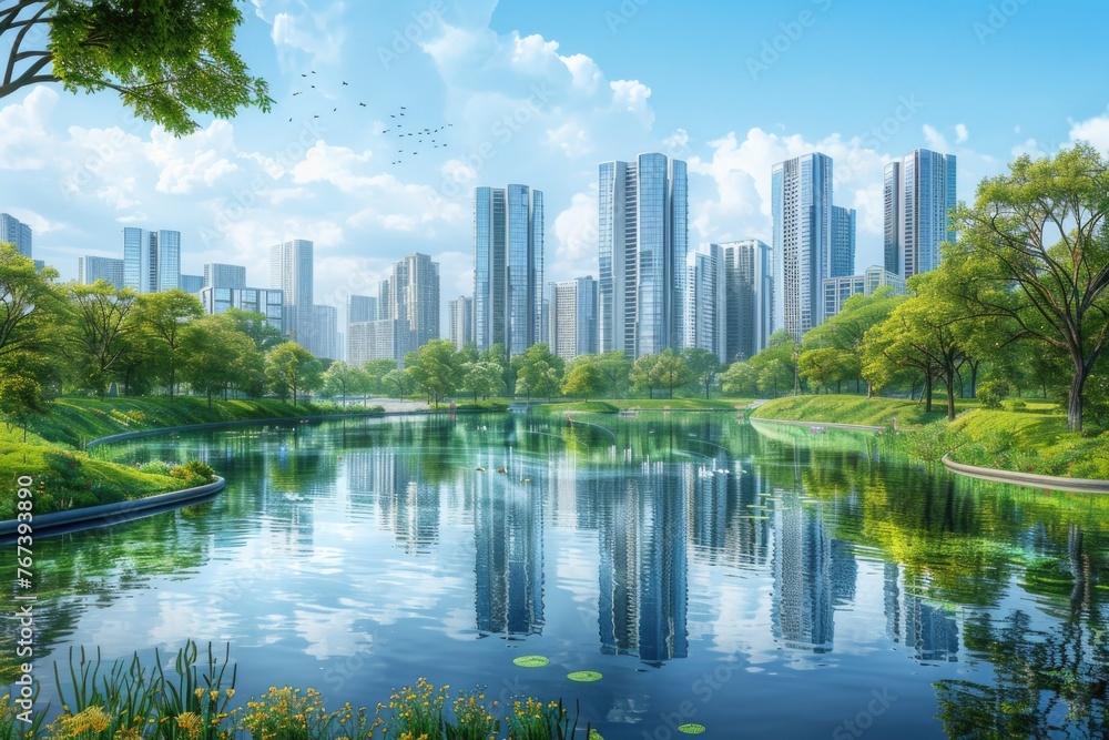 A painting depicting a river flowing with a bustling city in the background. The blend of urban architecture and natural waterway creating a harmonious scene