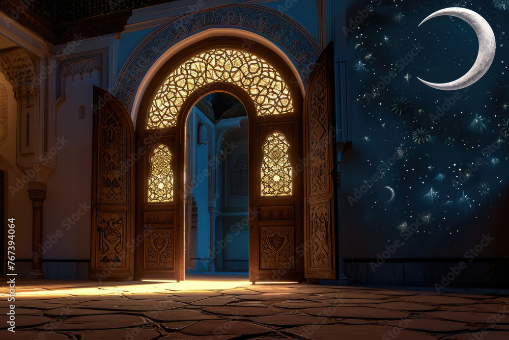 Fototapeta premium Illuminated traditional eastern doors symbolize the welcoming spirit of Ramadan in its full glory