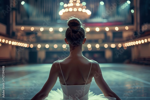 Elegant Ballerina Contemplating the Stage with Lights and Symmetry Banner photo