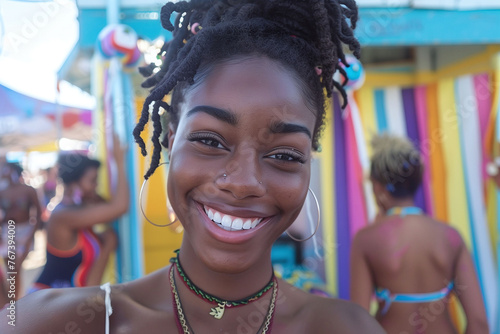 Smiling Young Woman with Colorful Beaded Necklace at Beach