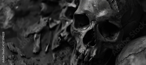 black and white portrait of an ancient skull in a cave with copy space photo