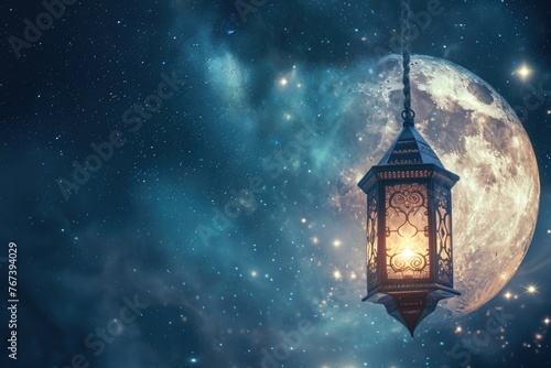 Ramadan Atmosphere: View of the night sky with a waning moon, dark blue background, and starlight. The lantern adds a mystical touch