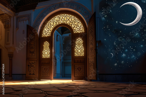 Illuminated traditional eastern doors symbolize the welcoming spirit of Ramadan in its full glory