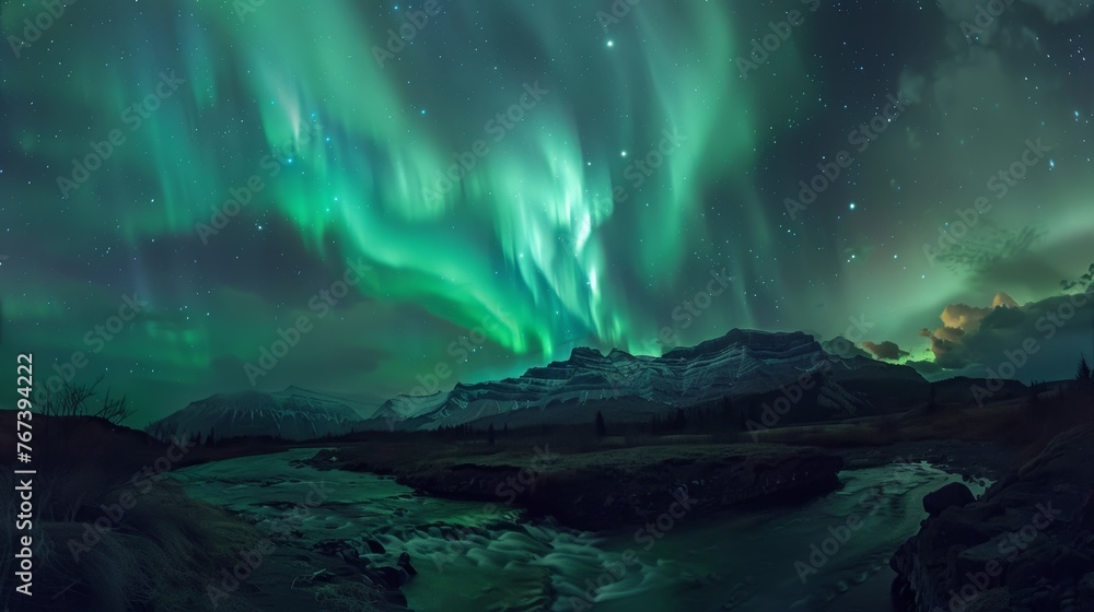 aurora borealis, Northern lights sky, green, lila, yellow, Enchanting light phenomenon, copy and text space, 