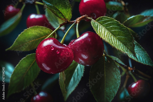 Cherry ai generated. Sour cherry with leaves on the tree. Cherries with drops and leaves. Generative AI. © Tim UR